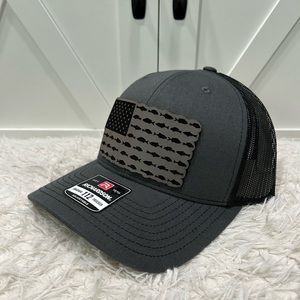 Laser engraved American flag fish. Richardson 112 trucker hat.
